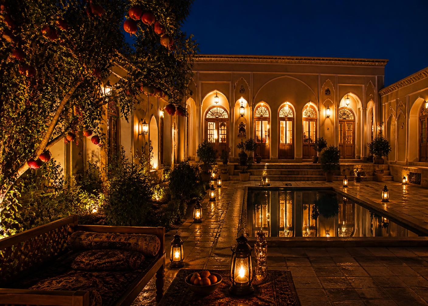حیاط خانه در غروب با نور فانوس